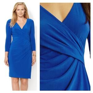 Lauren Ralph Lauren Royal Blue Wrap-Front Jersey Dress Size 10 3/4 Sleeve Sheath